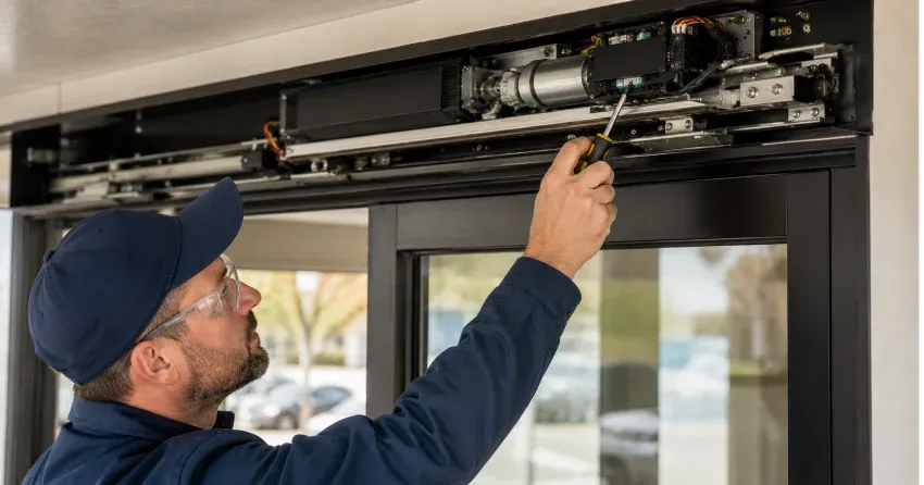 technician completing automatic door repair on residential property in Townline Estates, Cambridge