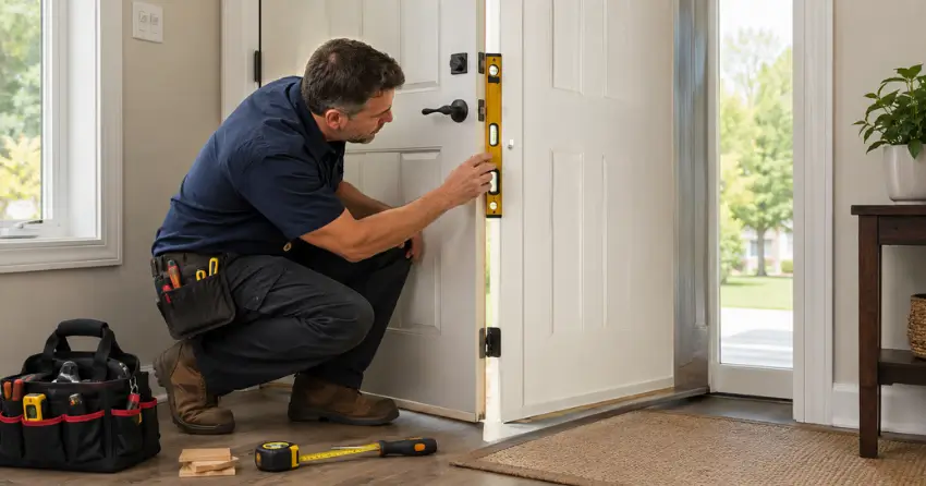 technician diagnosing a misaligned door frame in Rural Puslinch West, Cambridge