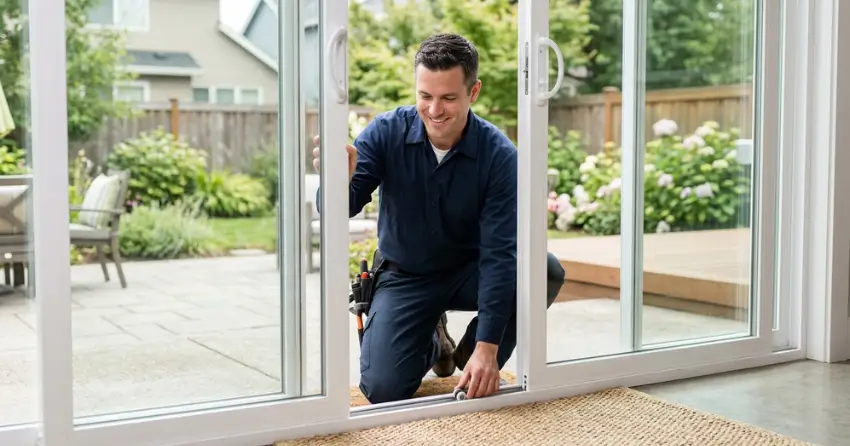technician diagnosing a sticking patio door in Fisher Mills, Cambridge