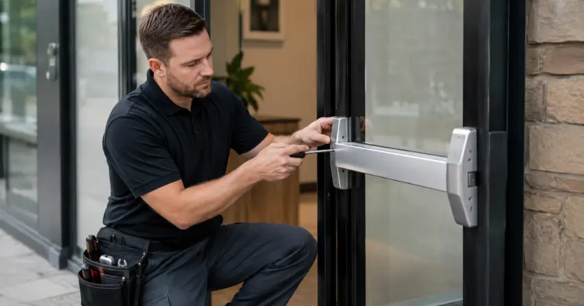 commercial locksmith repairing exit device on storefront door Riverbend/Riverview, Cambridge