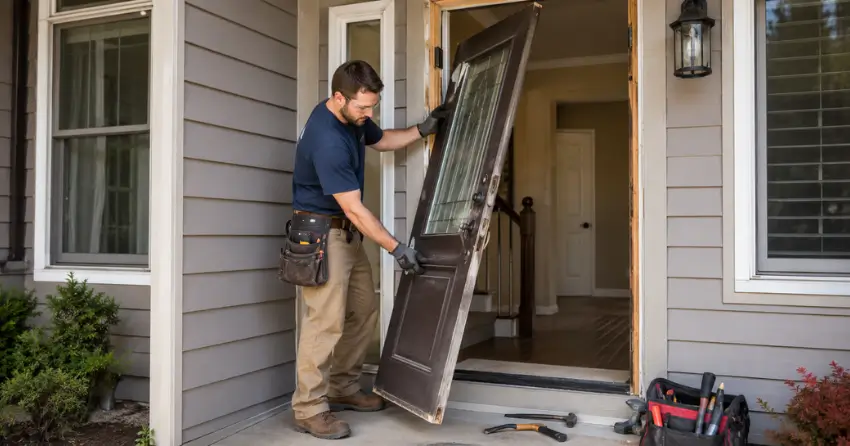 old exterior door being removed for replacement in Lincoln, Cambridge