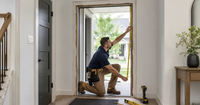 technician measuring a door frame before new door installation in North Galt, Cambridge
