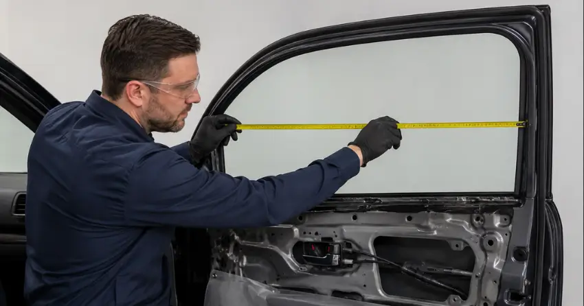 technician measuring door glass opening for replacement in Shep