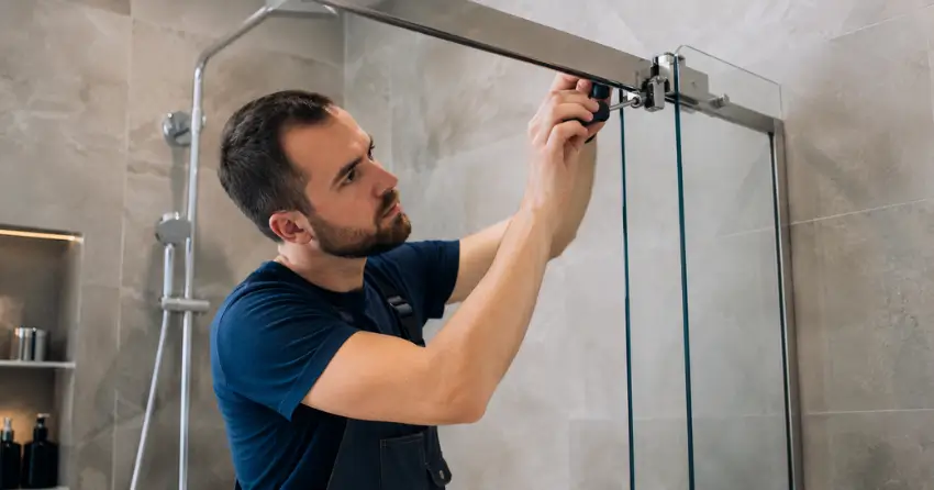 technician adjusting shower door hinge and track in Elgin Park, Cambridge