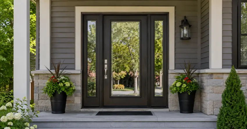 glass entry door with sidelights on a home in Churchill Park, Cambridge