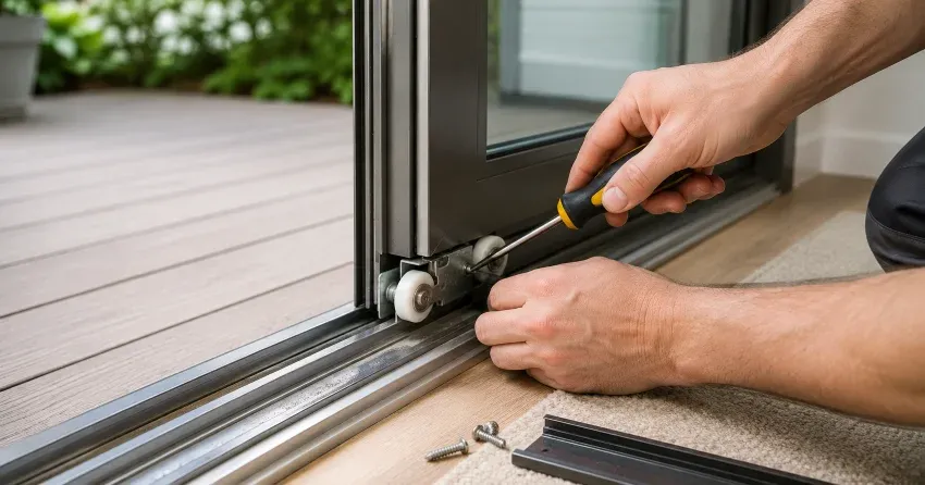 sliding door fix Hillcrest, Cambridge technician diagnosing track issue