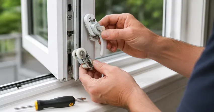 technician performing broken window repair Salisbury, Cambridge on a sliding window