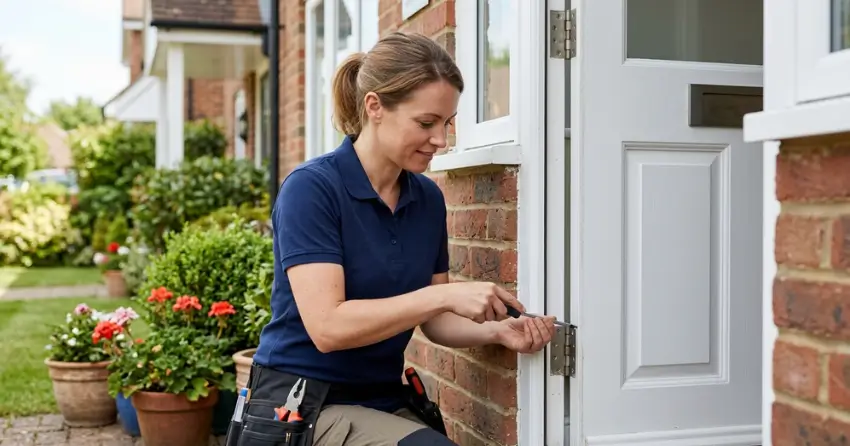 technician repairing exterior door hinge and frame in Eastview North, Cambridge