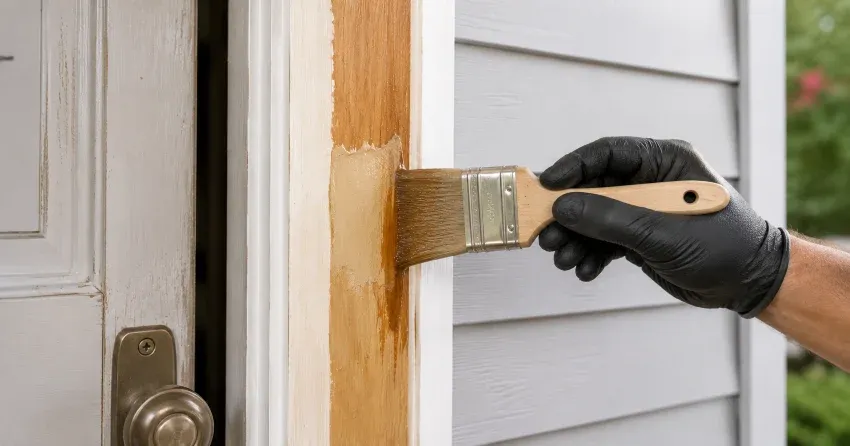 technician probing rotted wood on a door frame in Little