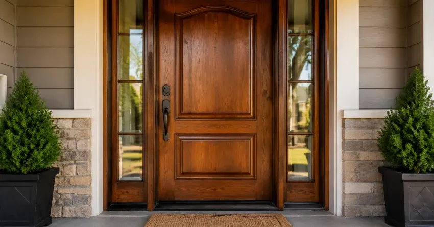wood door mid-restoration showing stripped bare wood in East Hespeler, Cambridge