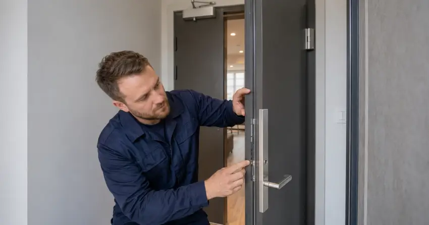 technician inspecting fire-rated door seal and hardware in Fisher Mills, Cambridge