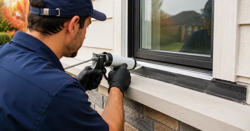 technician inspecting window flashing for leak source in Tait, Cambridge